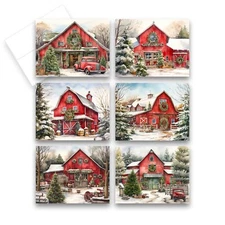 12 Assorted Christmas Barn Greeting Cards with Envelopes (2 of each)