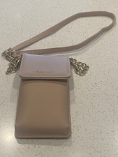 Cross Body Phone Case 3x7 Inches pink/tan With Gold Colored Chain Accent