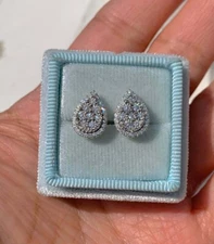 Round Cut Simulated Diamond Cluster Teardrop Stud Earrings 14k White Gold Plated