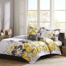 BEAUTIFUL MODERN CHIC YELLOW GREY WHITE ABSTRACT FLOWER GIRLS COMFORTER SET