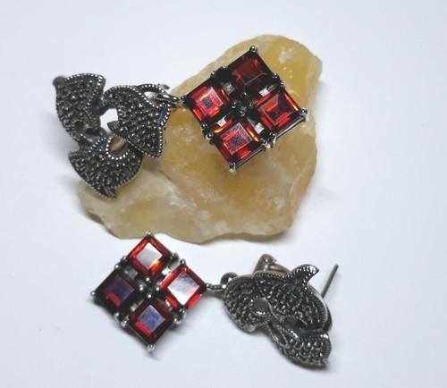 Vintage Judith Jack Garnet Marcasite Sterling Silver Earrings - Picture 10 of 11