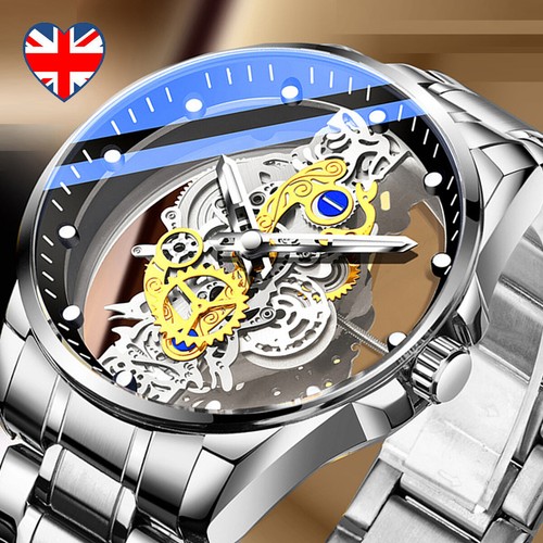Reloj pulsera mecánico automático de lujo para hombre de acero inoxidable esqueleto tono dorado - Imagen 12 de 16