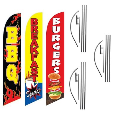 BBQ Breakfast and Burgers Outdoor Advertising Signs. 3 Pack of Feather Banner...