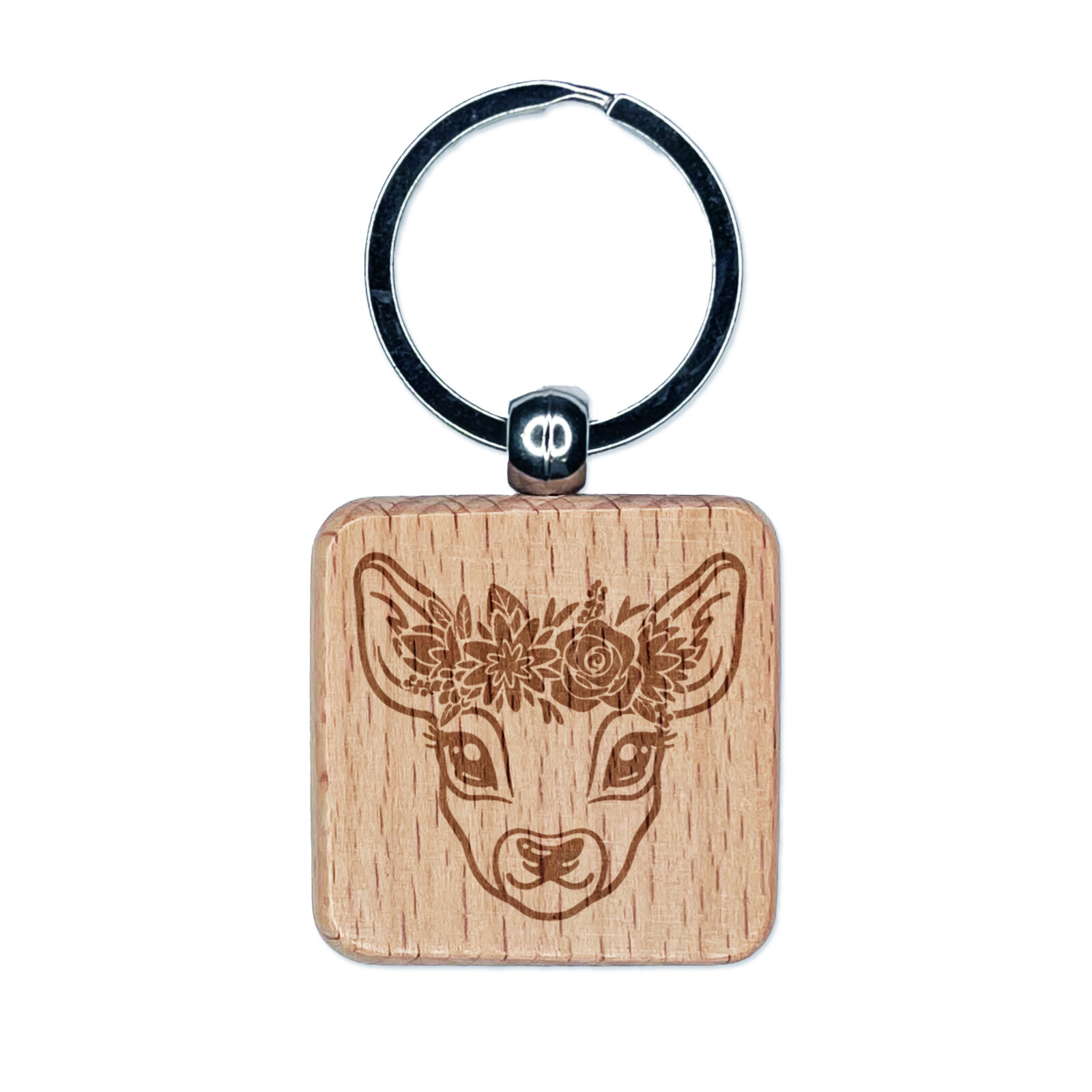Deer Doe Wearing a Flower Crown Engraved Wood Square Keychain Tag Charm