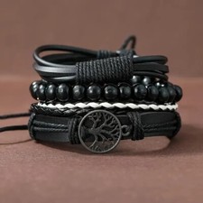 4pcs Woven PU Leather Bracelet Men's Vintage Tree Of Life Wooden Bead Black USA