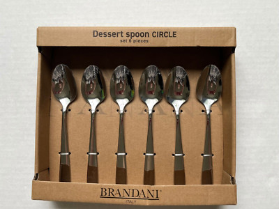 NIB BRANDANI DESSERT SPOON CIRCLE, SET 6 PIECES, STAINLESS STEEL
