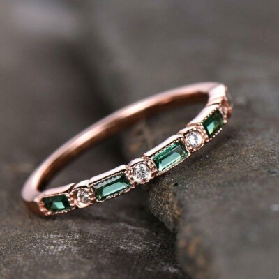 2 CT Green Emerald Simulated Half Eternity Wedding Ring 925 Rose Sterling Silver