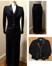 St John Evening Black Knit 2 Pc Skirt Suit Jacket Crystal Rhinestone Buttons 2