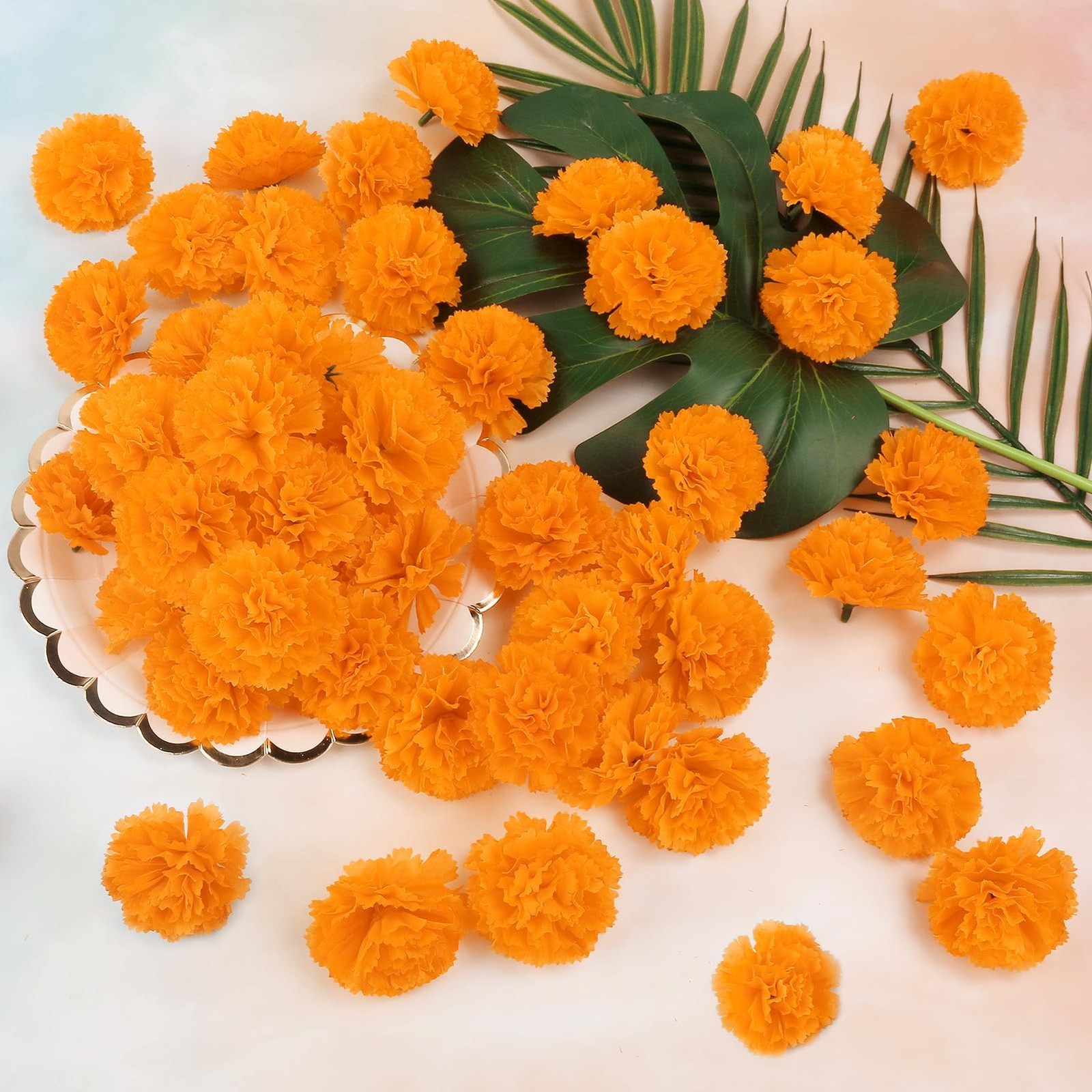 80 Pcs Artificial Marigold Flowers,2 Silk Marigold Flower Heads with Stems,Or...