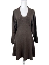 Moda International Y2K Midi Sweater Dress S Balloon Sleeve Brown Wool Blend Knit