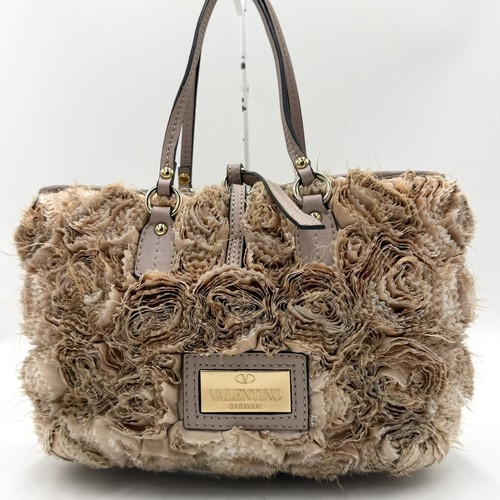 Valentino Garavani Handbag Tote Roger Rose Flower Fabric Leather Beige Women's
