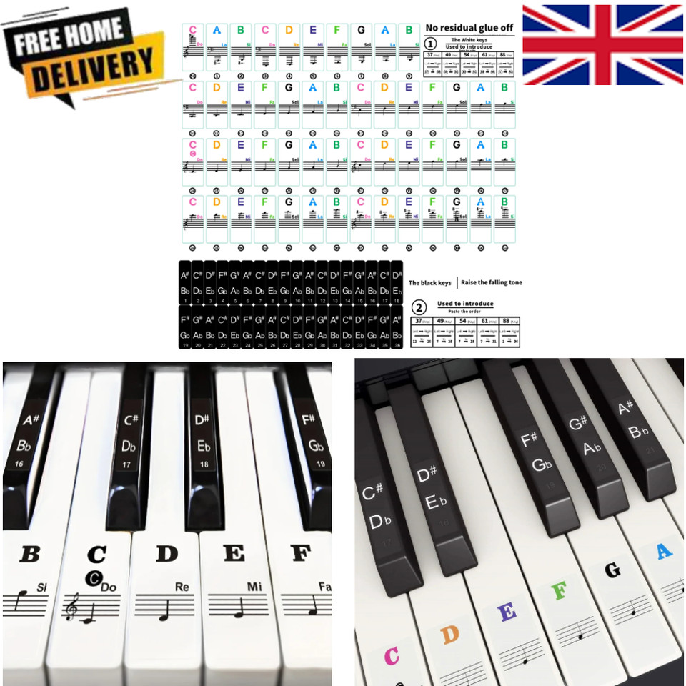 PIANO KEYBOARD NOTE LABELS REMOVABLE SILICONE PIANO STICKERS 61 KEYS REUSABLE UK