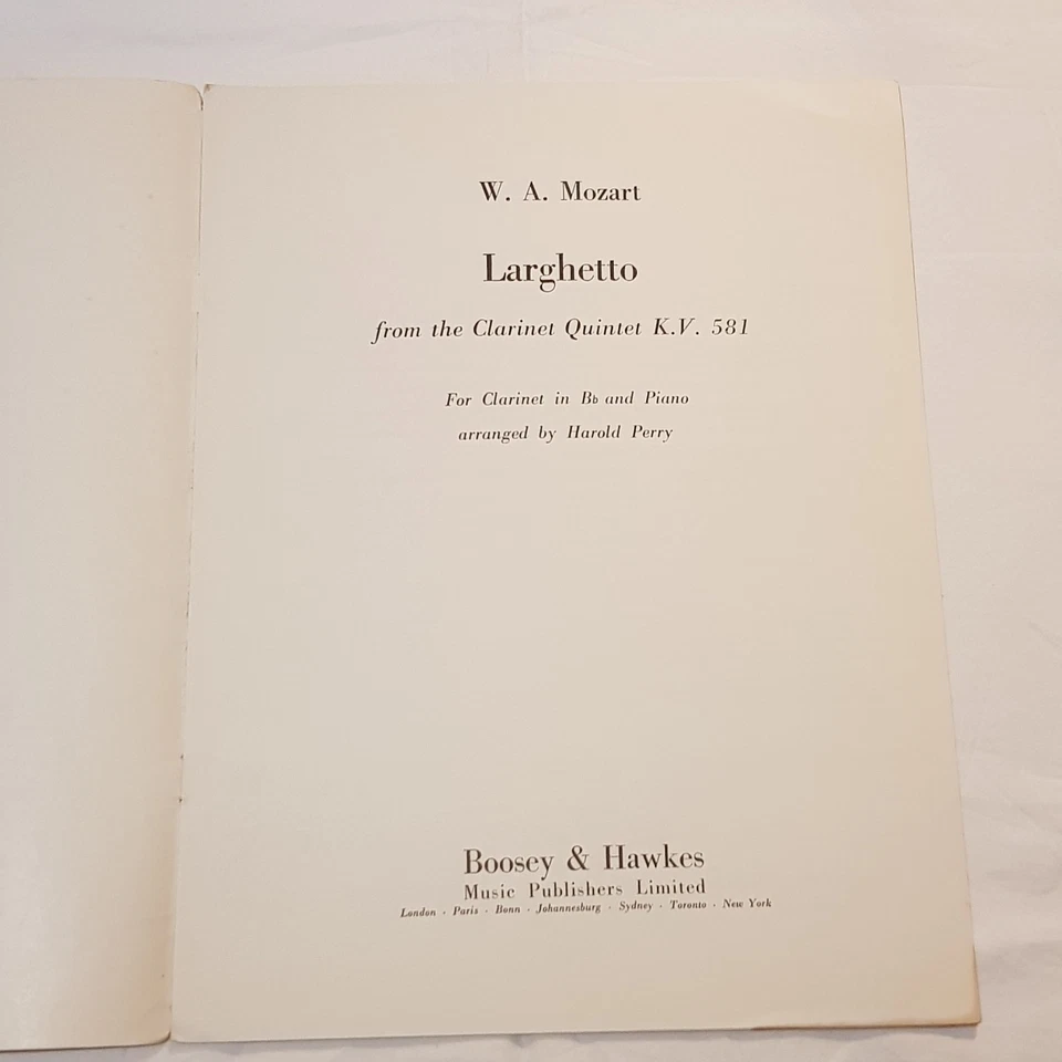 1946 Mozart Larghetto Clarinet Quintet K.V. 581 Clarinet Bb & Piano by Perry - Image 3 of 4