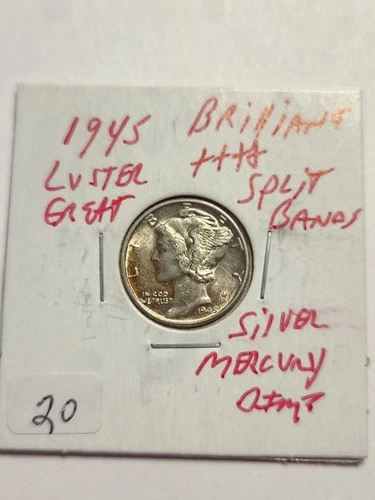 1945 UNC+++ BRILLIANT LUSTER FULL SPLIT BANDS 90% SILVER MERCURY DIME