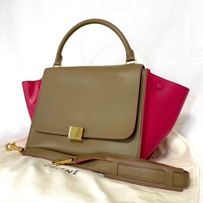 CELINE Trapez 2way Tote Schultertasche Handtasche Beige Rosa Leder aus Japan