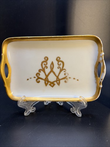 Vintage Bavaria Porcelain Tray Gold Gilt Handles Small Serving Dish