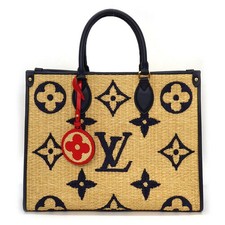 Louis Vuitton On the Go Tote Bag Handbag Navy Blue Red Raffia Leather