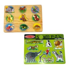 Melissa  Doug Toy Wooden Sounds Peg Puzzles 2 Pack Pets Zoo Animals