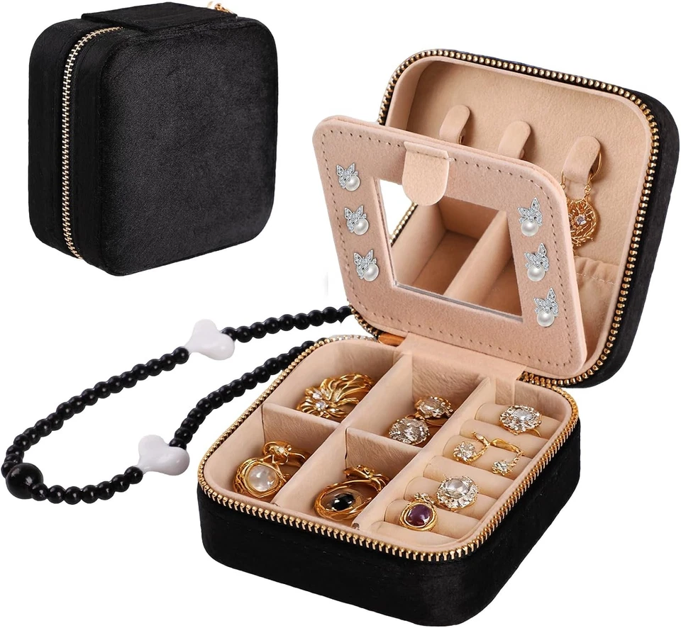 Boîte à Bijoux Daim Voyage Portable 10cm Bagues Colliers Montre Noir Vlando - Photo 3/4