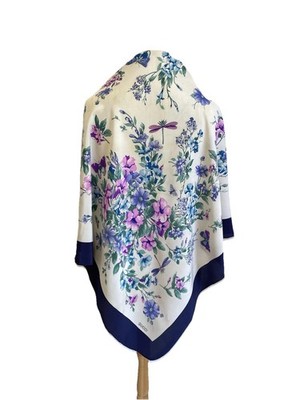 Y10# GUCCI Flora Silk Scarf Dragonfly Floral Print Navy Blue Border Made Italy