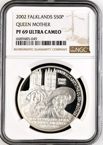 2002 Falkland Islands 50 Pence Queen Mother Silver NGC PF69 ULTRA CAMEO