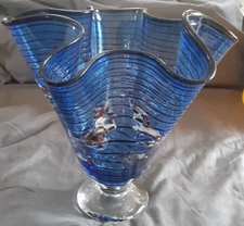 Scalloped Art Glass Vase / Signed / Blue w/ multi colored spots