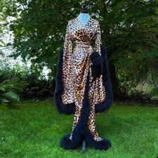 Ladies Bathrobe Fashion Leopard Print Plus Fur Decorative Bathrobe Dress Custom