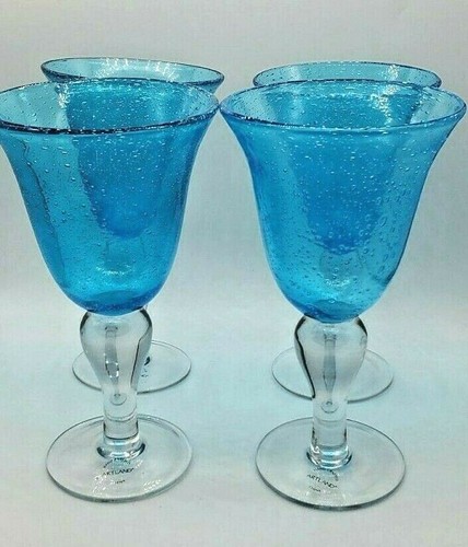Artland Arctic Ice Blue Bubble Seeded Wine Water Glasses Hand Blown New 4 pcs