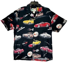 Vintage 80s Paradise Found General Motors Corvette Hawaiian Button Front Shirt