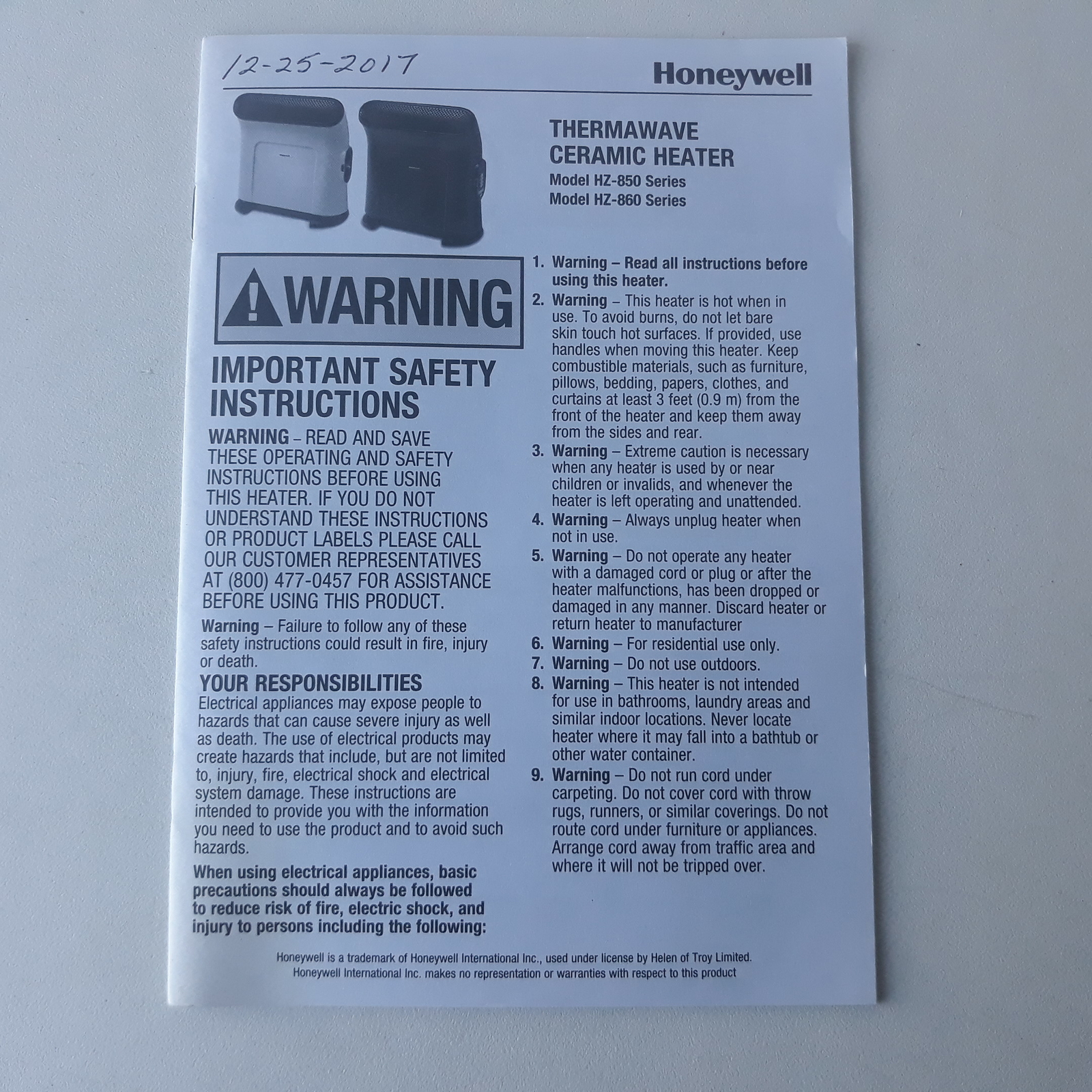 Thermawave Ceramic Heater HZ-850 HZ-860 Series Instructions | eBay