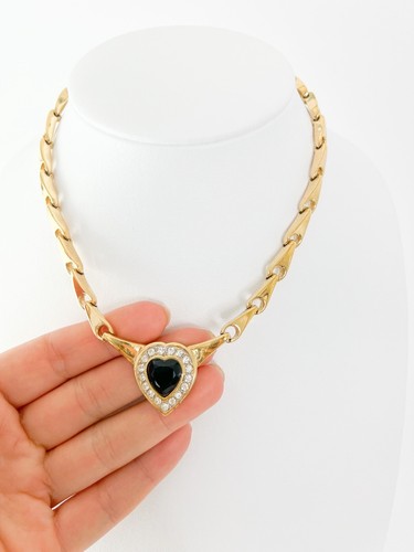 NINA RICCI CHOKER NECKLACE RHINESTONES GOLD TONE HEART BLACK AUTHENTIC VINTAGE - Picture 10 of 13