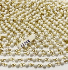 20 FEET VINTAGE JAPANESE WHITE 4mm. BEADED BRASS ROSARY LINK CHAIN 2472