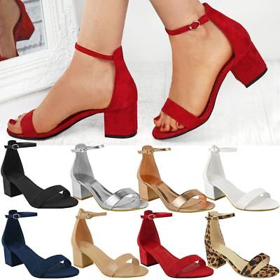 block shoes heel ankle sandals strap ladies womens low smart court silver