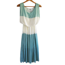 Vintage 70s Blouson Midi Dress S Green White Colorblock Crinkle Sleeveless Fairy
