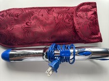 REVLON Perfect Heat Ceramic Curling Iron Chrome/Blue Model RV035 With Case