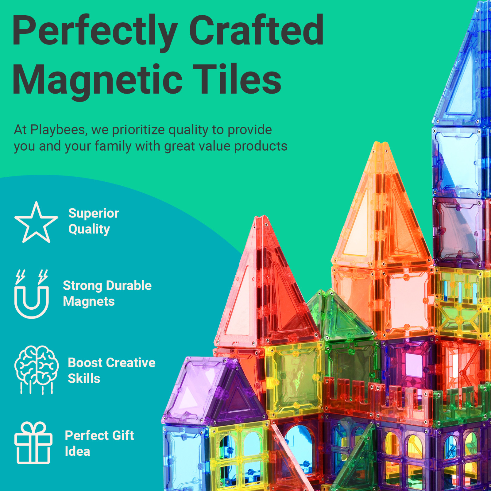 Playbees Piastrelle da Costruzione Magnetiche Set 100 Pezzi Blocchi da Costruzione Magnetici per Bambini foto 2
