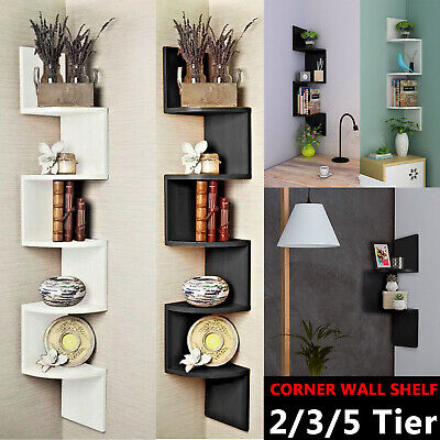 3/5 Tier Floating Wall Shelves Corner Shelf Storage Wood Display Decor Bookcase