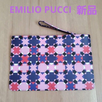 Emilio Pucci Leather Clutch Hand Bag Larg Pouch Women With Boc auth