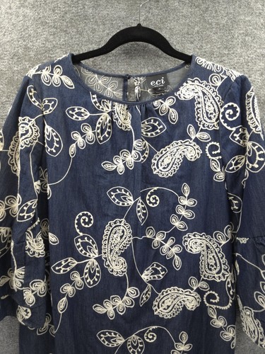 ECI Shift Dress Womens 2 Embroidered Knee Length Blue Chambray 3/4 Bell Sleeve - Picture 3 of 16