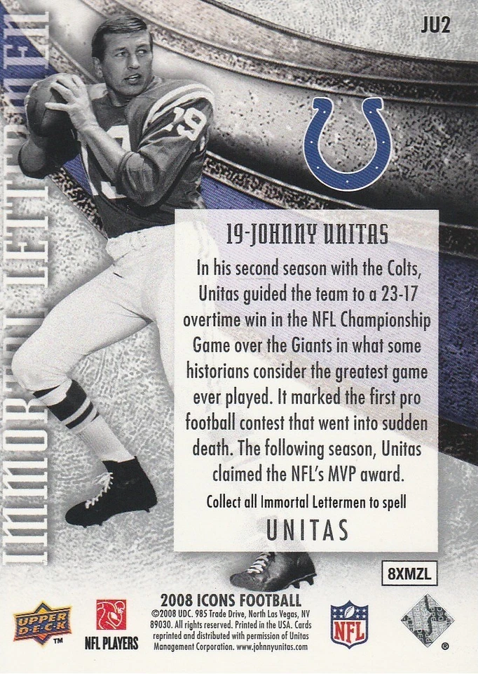 2008 Upper Deck Icons Immortal Lettermen #JU2 Johnny Unitas/88 (UNITAS) "N" - Image 2 of 2