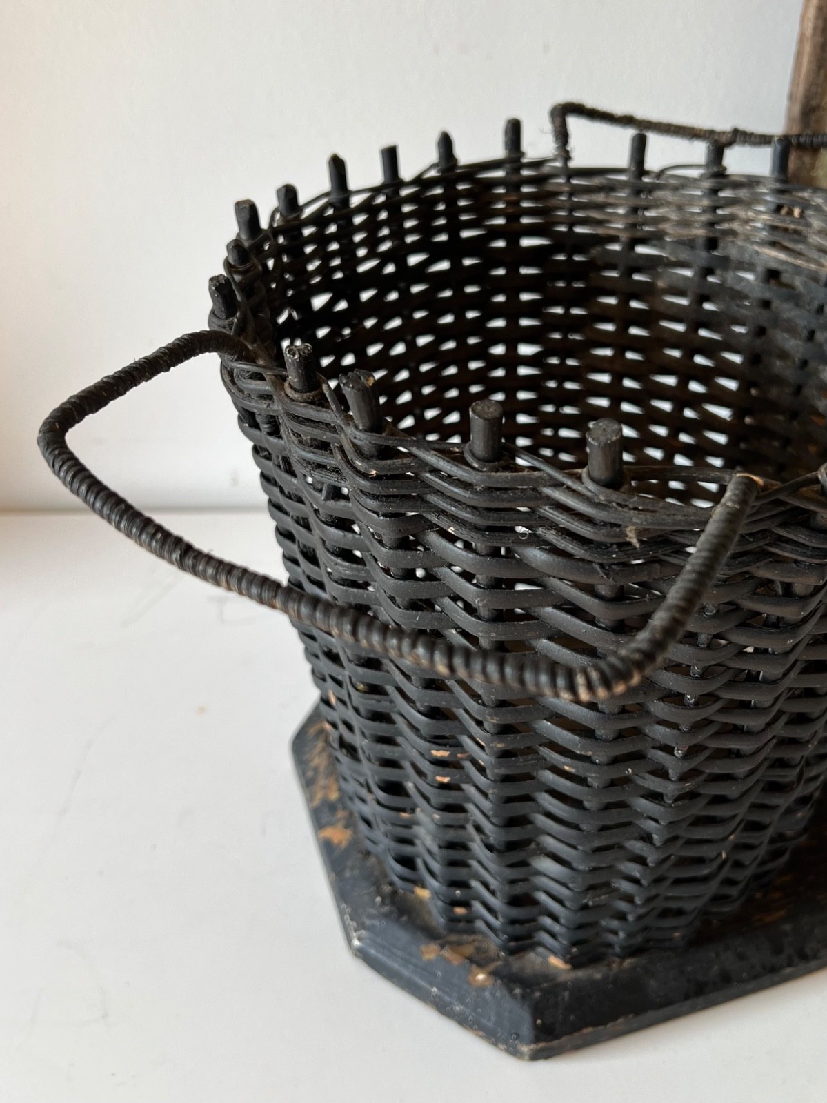 Antique Funeral Flower Basket Black Painted Wicker Woven Mourning Display