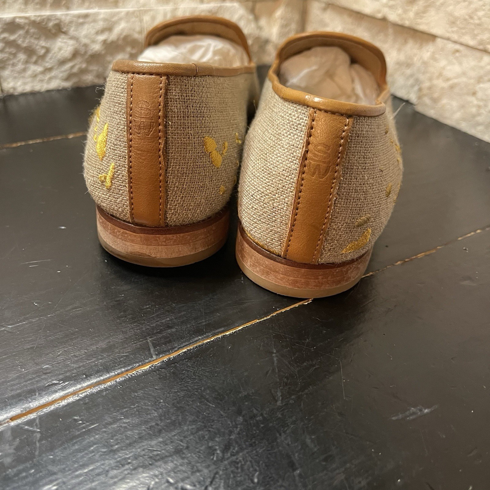 Stubbs & Wootton “POLLOCK" Slippers Tan Yellow Loafers Shoes Splatter Embroidery