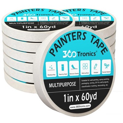 12 Rolls White Painters Masking Tape, 1 Inch x 60 Yards 5.5 Mil, Walls Painting