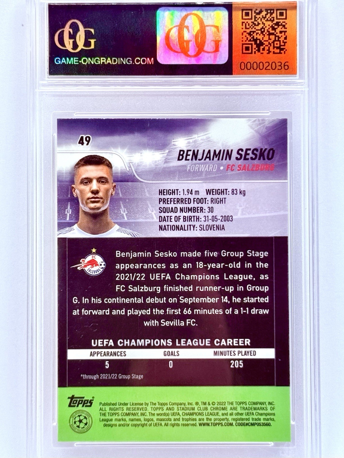 2021 Topps Chrome Stadium Club Blue Refractor Prizm #49 Benjamin Sesko RC SP view 2