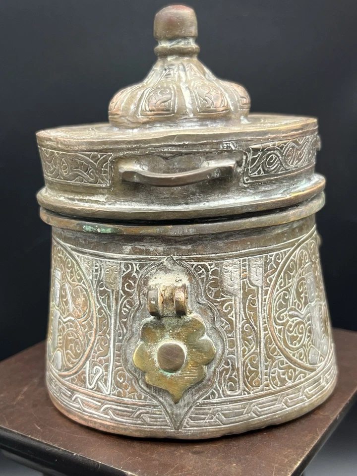 Исламская серебряная инкрустированная бронзовая чернильница коллекционная вещь Центральная Азия ручная работа - Изображение 2 из 4