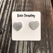 Silver Glitter Heart Stud Earrings For Women Everyday