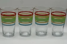 4 LIBBEY Striped Red Yellow Green Blue 5 3/4" Glass Tumblers Vintage