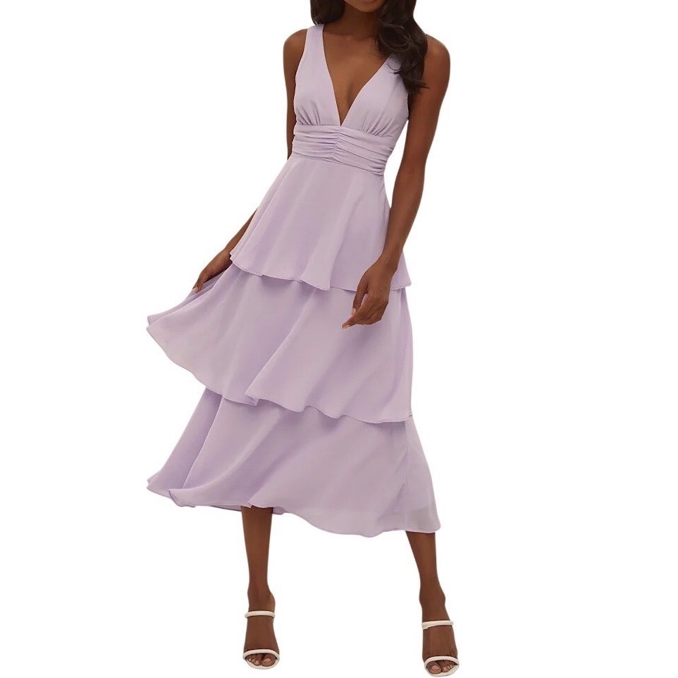 Lulus Celebration Time Tiered Midi Dress Womens XL Lavender Chiffon Sleeveless