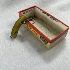 Vintage Lazy Ike Fishing Lure 3 Crank Bait Textured Brown Yellow Ft Dodge, Iowa