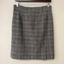 Vintage Evan-Picone Womens Plaid Pencil Skirt Wool Size 10 Grey Slit USA Made
